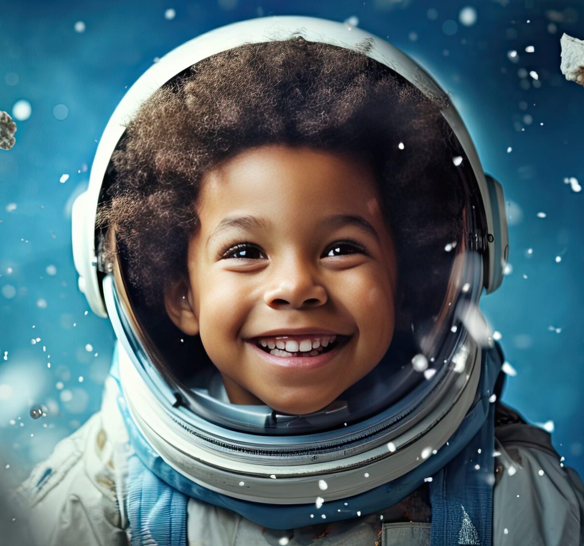 Happy child smiling in a spacesuit looking out to the universe.