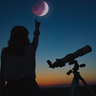 Someone pointing at the Moon, standing next to a telescope at dusk.